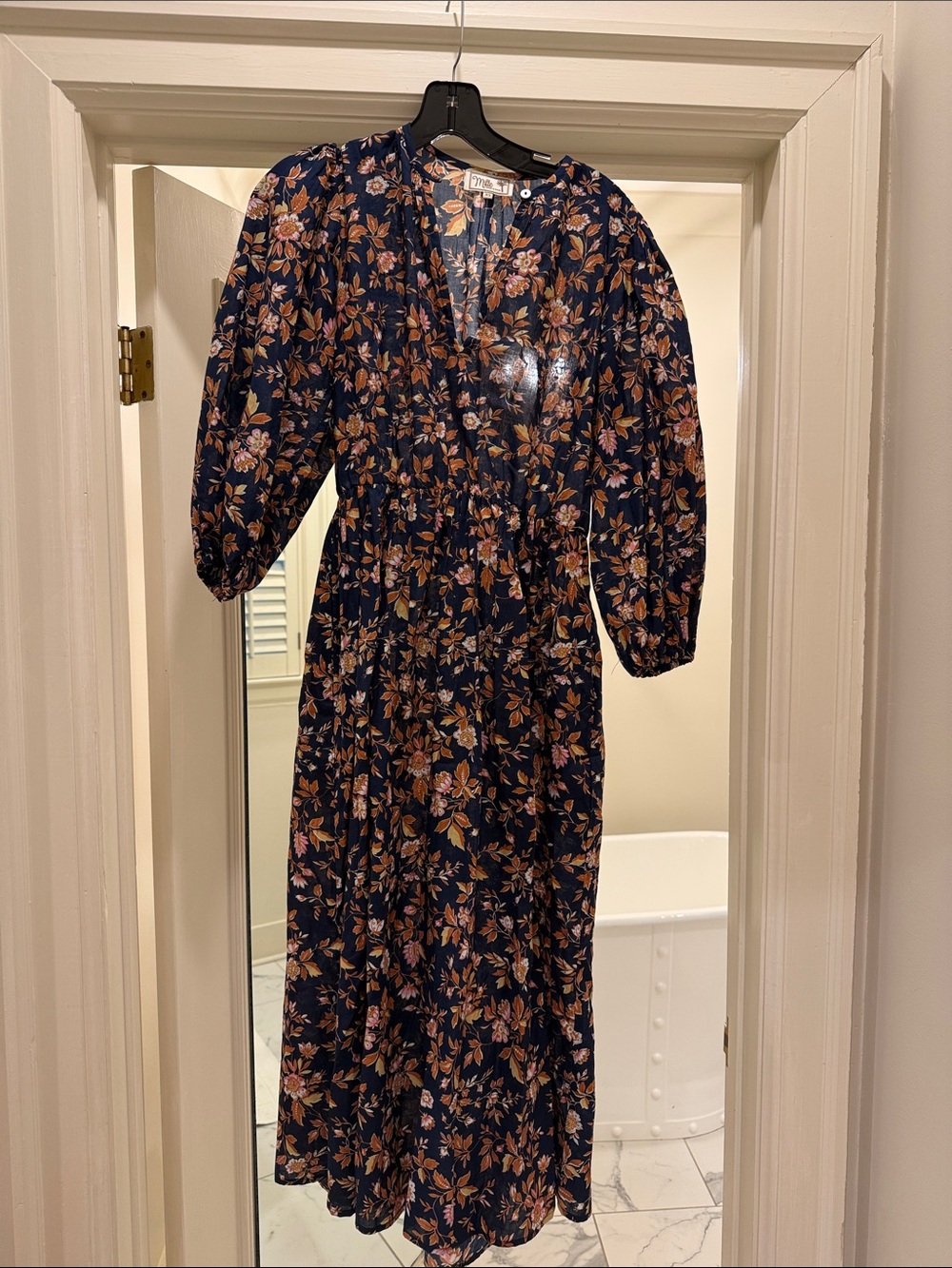 Floral Navy Maxi Dress with V-Neck and Puff Sleeves